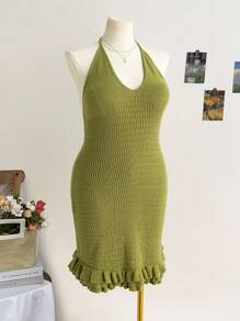 Soleia 大码女式苔绿色露背系腰荷叶边下摆迷你连衣裙，适合所有季节度假