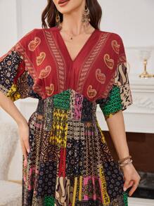 SHEIN Lacomfia Casual Modest Placement Floral Design Dress For Women - Red - View 3