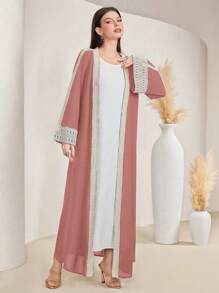 Al Najma Patchwork Ribbon Decor Loose Abaya With Bell Sleeves And Open Front, Muslim Fashion Abaya For Casual/Festival/Gathering/Travel, Modest Robe - Dusty Pink - View 7