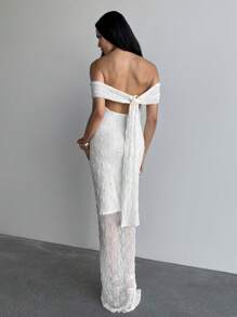 Aloruh 女士性感优雅露肩褶皱露背紧身连衣裙，适合婚礼季节，白色 - 白色 - 查看 6