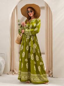 RueChic BOHO Feeling - Bohemian-Inspired Green Maxi Dress – A Chic And Breezy Statement Piece Featuring An Intricately Designed White Placement Print With Floral And Geometric Motifs, Strategically Placed For A Unique And Artisanal Look. Designed With A Button-Front Detail, Flowing Silhouette, And Lightweight Fabric, This Effortless Dress Is Perfect For Beach Vacations, Resort Wear, Or Casual Summer Days Women S Long Dresses Women S Green Dress Bohemian Dresses For Women Boho Dresses For Women - Multicolor - View 5