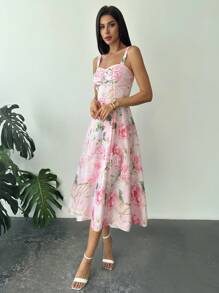 Firerie Nuevo conjunto elegante y romántico para el Día de San Valentín con top tipo camiseta rosa con estampado floral y vestido largo con abertura y cintura anudada - Rosa - Ver 4