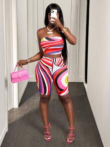 BamGleam 2 件彩色条纹印花短款上衣和紧身裤，紧身休闲性感运动套装 - 彩色 - 查看 5