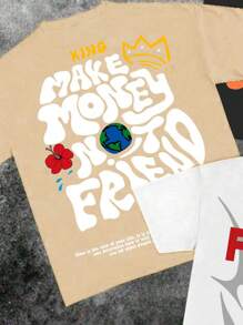 SHEIN Leap Crew 3 Packs Teen Boys Classic Casual Text Graphic Print Round Neck Short Sleeve T-Shirts, White, Black, Khaki, Suitable For Summer - Multicolor - View 4