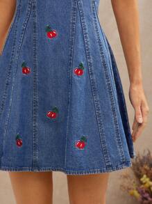 WESTFADE Summer Cherries Embroidered Mini Western Cowgirl Denim Sleeveless Dress, Spring Break Beach Vacation Outfit - Dark Wash - View 2