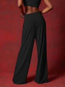 NYA SZN Casual Commute Solid Color Pleated Wide Leg Pants - Black - View 2