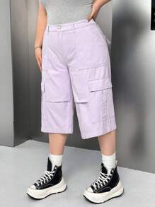 SHEIN EZwear 大码休闲纯色七分工装牛仔裤 - 淡紫色 - 查看 5