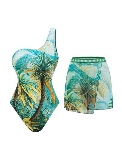 Swim Oasis 女士时尚定位印花单肩泳衣，带透视裙，两件套度假套装