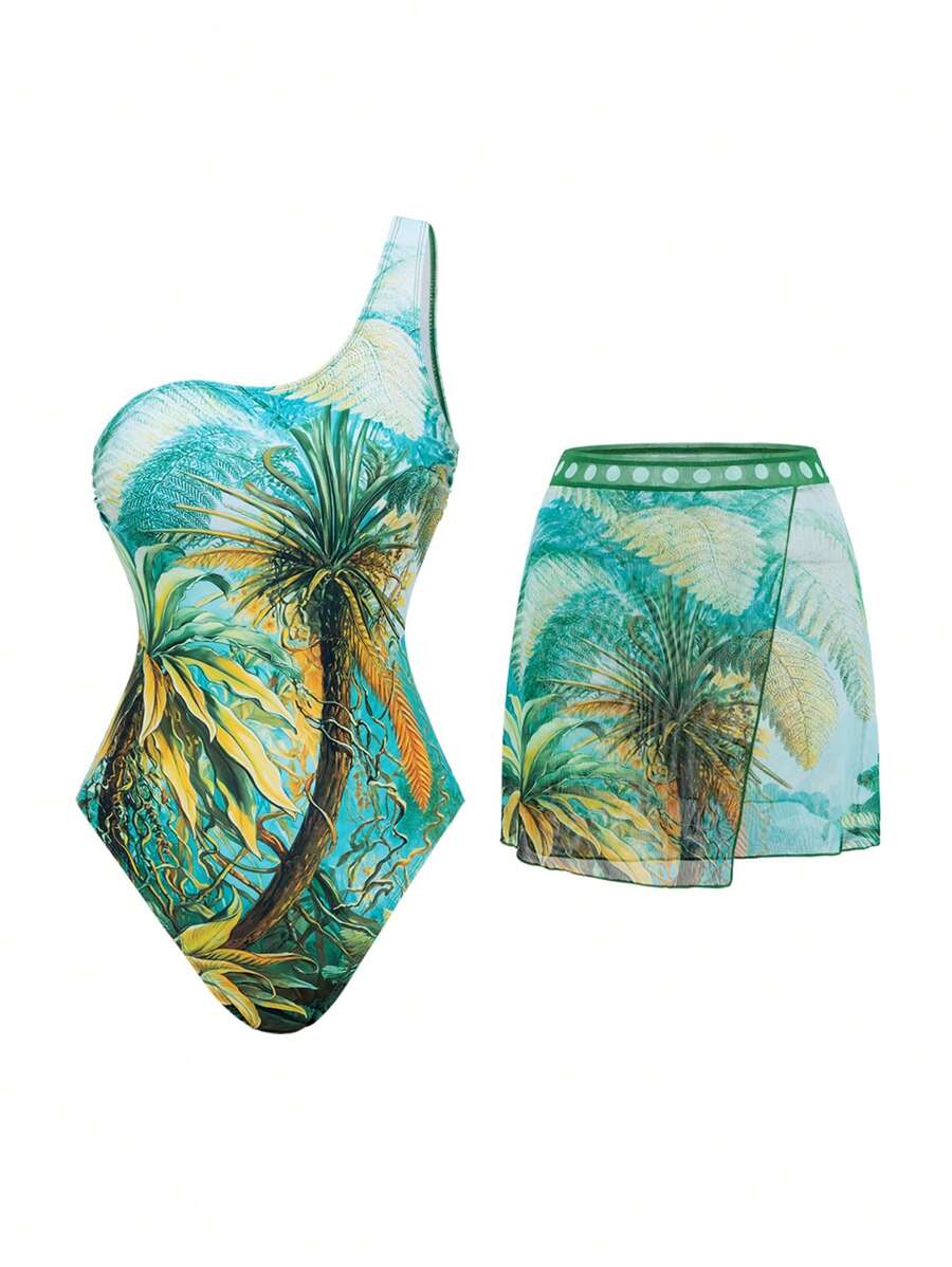 Swim Oasis 女士时尚定位印花单肩泳衣，带透视裙，两件套度假套装