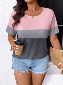 SHEIN LUNE Plus Size Color Block Casual Loose T-Shirt - Multicolor - View 3