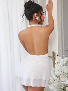 Set de 2 piezas Lencería sexy de encaje y malla con sostén sin aros para mujer, para boda