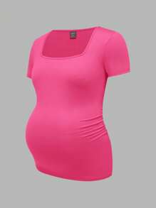 Modmama 3pcs/Set Maternity Casual Solid V-Neck Short Sleeve T-Shirts, Black/White/Gray, Fitted, Suitable For Summer - Hot Pink - View 10