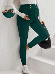 Pantalones con cintura alta y detalle de botones con alta elasticidad, pantalones de maternidad - Verde Oscuro - Ver 1