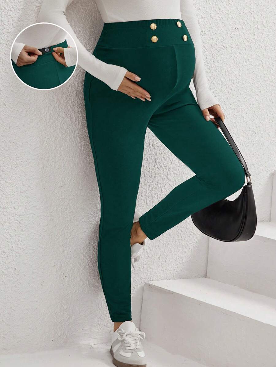 Pantalones con cintura alta y detalle de botones con alta elasticidad, pantalones de maternidad - Verde Oscuro - Ver 1