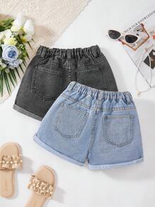 SHEIN 2件套女婴蓝黑牛仔卷边短裤套装 - 彩色 - 查看 2