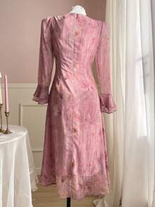 DAZY Vestido de línea A con estampado de plantas que da forma a la cintura, estilo primaveral, elegante con estampado floral y volantes, ideal para una primera cita - Rosa - Ver 2