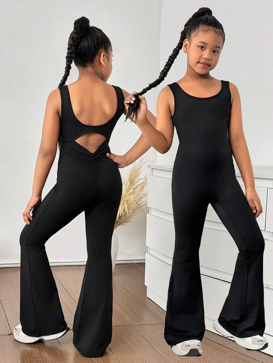 SHEIN Tween 女童时尚街头服饰纯色针织无袖露背短款上衣和喇叭裤套装，休闲黑色连体裤，返校季 - 黑色 - 查看 1