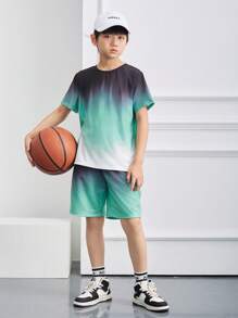 SHEIN Leap Crew Tween Boy Casual Comfortable Gradient Round Neck Short Sleeve Matching Gradient Shorts 2pcs/Set - Green - View 5