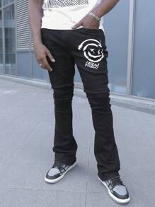 Manfinity EMRG Men's White Washed Denim Loose Gothic Letter Printed Flared Pants, Street Style