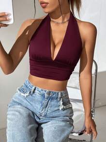 LYSMO 1pc Women Deep V-Neck Pleated Cropped Fitted Sexy Halter Tank Top - Red Violet - View 7