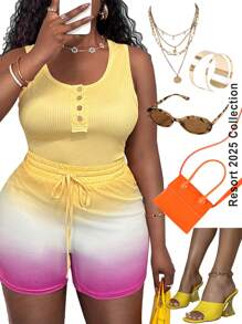 Slaydiva Casual U-Neck Vest Yellow Top Gradient Printed Shorts Tight Women's Plus Two-Piece Set-C