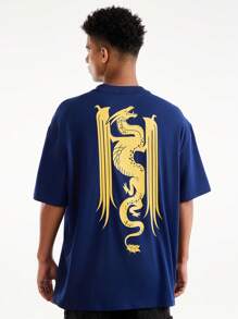 HOUSE OF THE DRAGON X SHEIN Men's Summer Casual Dragon & Letter Graphic Short Sleeve T-Shirt - Navy Blue - View 5