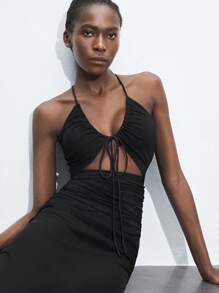 Maija Black Hollow-Out Sleeveless Maxi Dress For Women, Sexy Solid Color Backless Halter Dress, Suitable For St. Patrick's Day, Spring Break, Easter