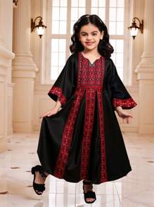 Young Girls Ramadan Modest Long Sleeve Round Neck A-Line Dress, Pattern, For Daily Casual Wear, Summer