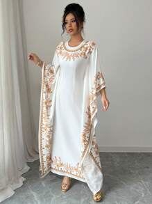 Elenzga Đầm dài họa tiết hoa cổ tròn thắt eo thanh lịch dành cho nữ - trắng - Xem 6