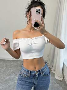 Breezaya 女士纯色性感露肩纹理时尚短款上衣 - 白色 - 查看 3
