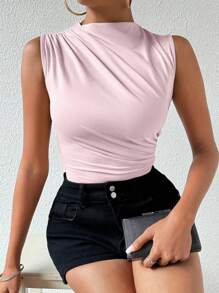 Zolique Plain Stand Collar Bodysuit With Ruching And Sleeveless, Elegant - Pink - View 4