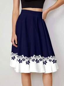 SHEIN Clasi 浪漫蓝色花卉印花女式简约A字裙，适合夏季女士服装夏季 - 藍白色 - 查看 4