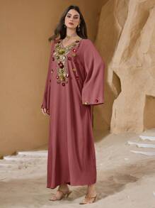 Al Najma 女士 V 领套头衫优雅花卉长袍传统长裙，春夏 - 粉色 - 查看 3