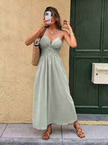 SHEIN Frenchy Rochie de damă de culoare solidă din dantelă, fără spate, pentru vacanță - Verde - Vizualizare 4