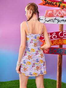 SHEIN X Care Bears 女士夏季休闲卡通可爱熊印花迷你网眼梦幻紫色连衣裙、温柔心、欢呼熊、许愿熊、分享熊、好运熊蝴蝶结吊带连衣裙