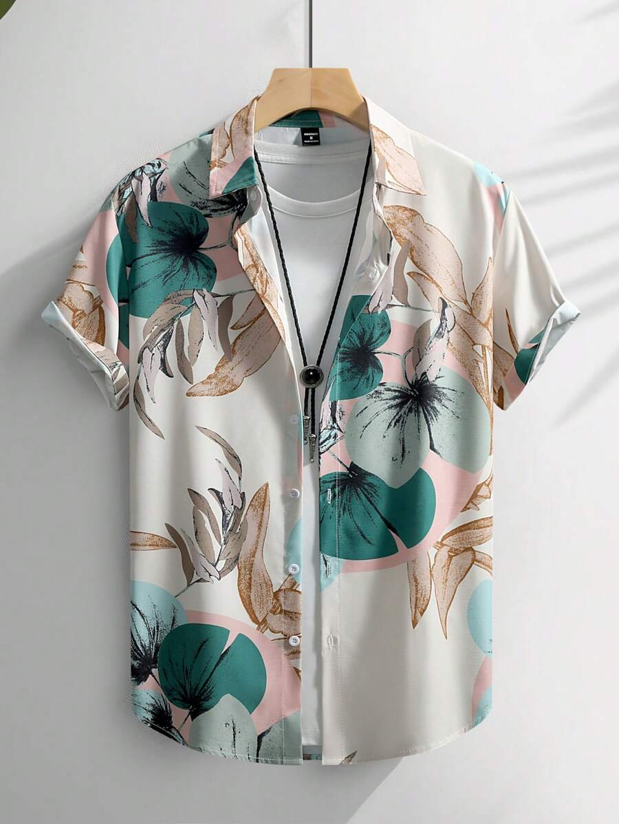 Genlund 男士度假花卉印花纽扣休闲短袖衬衫（不对称剪裁） - 彩色 - 查看 1