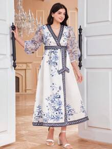 SHEIN Leap Crew Teen Girl's Woven Contrast Mesh Floral Printed V-Neck Tie Waist Dress - Blue and White - View 7