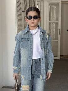 SHEIN Fashion Heavy Wash Light Blue Distressed Holey Street Style Tween Girl Denim Jacket Outerwear