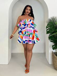 Slaydiva Casual Holiday Print Ruffle Trim Bandeau Top - Multicolor - View 1