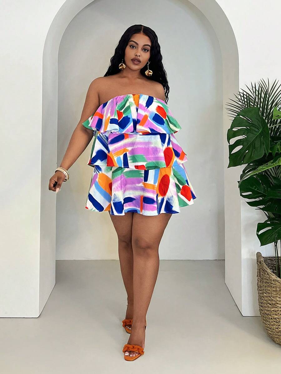 Slaydiva Casual Holiday Print Ruffle Trim Bandeau Top - Multicolor - View 1