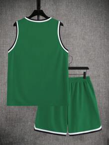 Manfinity Sporsity Ribbed Trim Green Color-Block Tank Top Set For Men