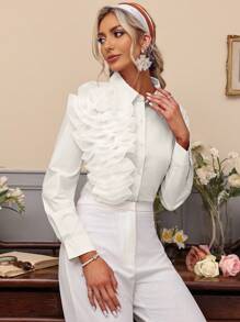 Aveloria Modichic 女士纯色单排扣优雅 3D 花卉长袖衬衫 - 白色 - 查看 7