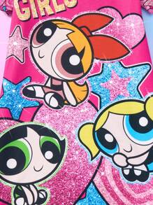 THE POWERPUFF GIRLS X SHEIN Young Girl Heart & Star Cartoon Fun Print Round Neck A-Line Knit Dress - Pink - View 6