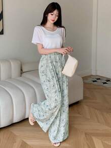 DAZY Pantalones casuales de mujer con estampado floral, minimalistas y de moda, adecuados para el verano