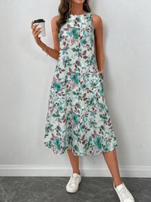 SHEIN LUNE Robe mi-mollet vintage à col rond sans manches avec ourlet évasé, imprimé floral élégant et décontracté pour femmes - Vert - Voir 3