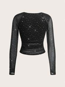 SHEIN EZwear 女士长袖褶皱 T 恤，配黑色网布和水钻