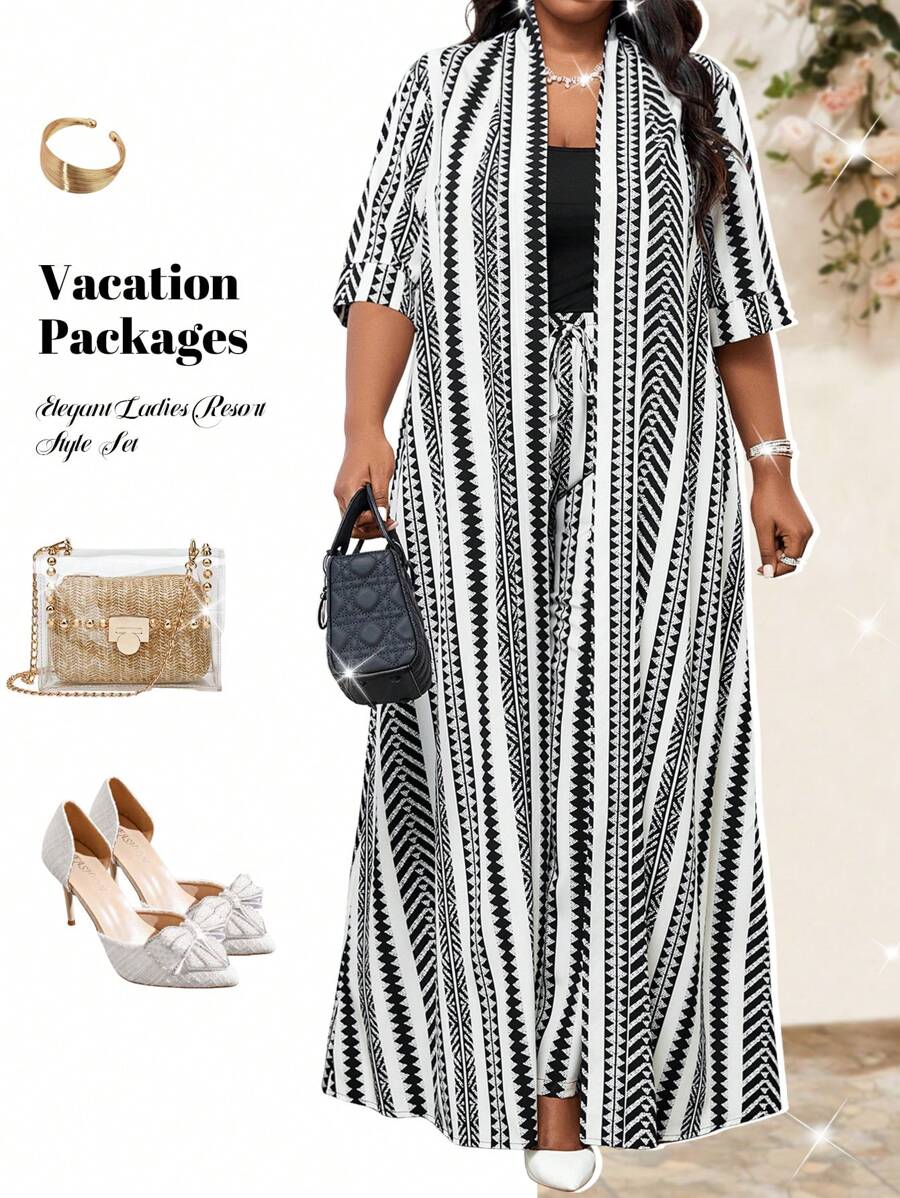 Fleurora Spring And Summer Autumn And Winter Elegant Commuting Office Black And White Woven Long Short Sleeve Plus Size Co-Ords Classy Outfits - Black and White - View 1