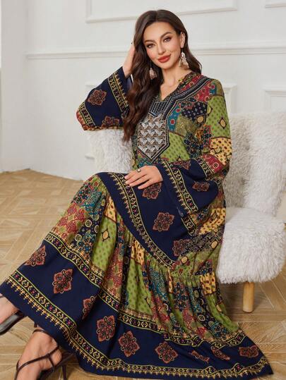 Al Najma Conservative Casual Floral Print Long Dress For Women Fall Cloth For Women