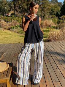 DAZY Bộ 2 áo vest không tay cổ chữ V phong cách mùa xuân Hàn Quốc cổ điển + quần dài ống rộng kẻ sọc, trang phục mùa hè - Màu xanh hải quân - Xem 6