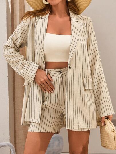 RueChic Beige Striped Linen Co-Ord Set With Oversized Blazer And High-Waisted Shorts